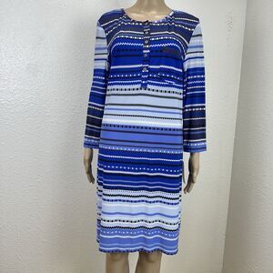 Donna Morgan Shirt Dress Womens 16Midi Blue Stripe 3/4 Sleeves Stretch Boho